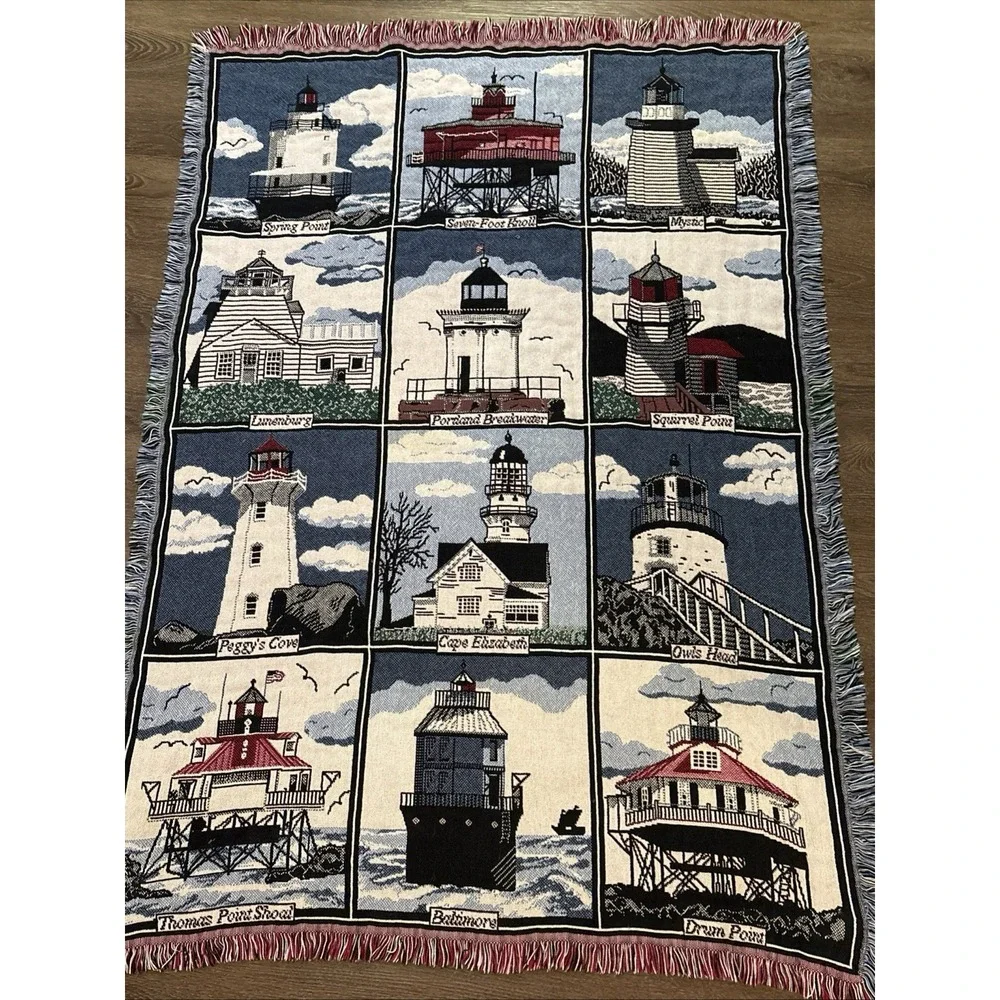 VTG Goodwin Weavers HISTORICAL Lighthouse Tapestry Throw Blanket USA 62 X  42
